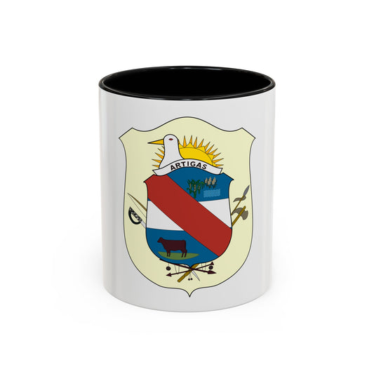 Cream heraldic shield with a white bird and rising sun above a blue and red banded field with a brown cow.