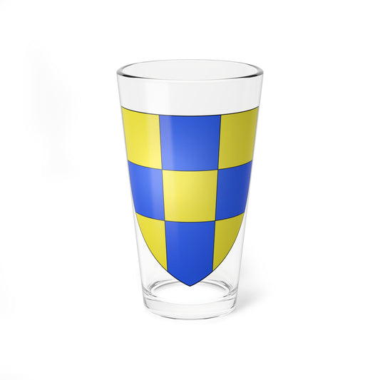 A checkered pattern of nine gold and blue squares on a heraldic shield with soft gradient shading.