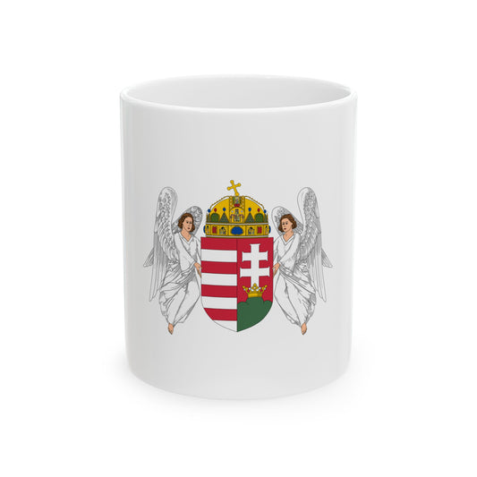 Two winged angels flank a heraldic shield of red and white stripes topped by a double cross and gold crown.