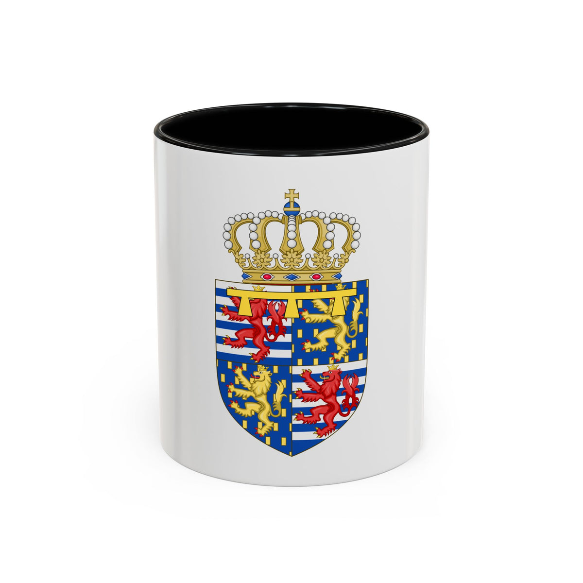 Quartered heraldic shield of red and gold rampant lions on blue and white stripes, under a pearled crown.