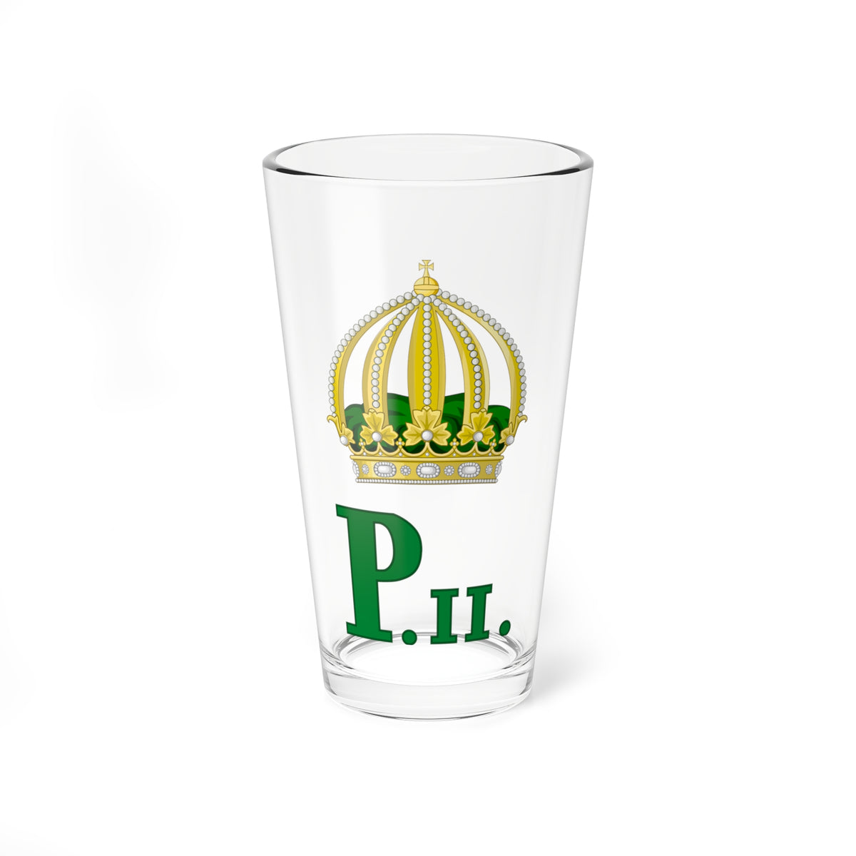 Gold crown with pearl arches and green velvet base above the green serif letters P.II. on a white field.