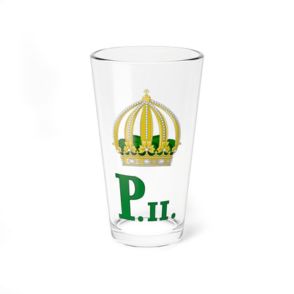Gold crown with pearl arches and green velvet base above the green serif letters P.II. on a white field.