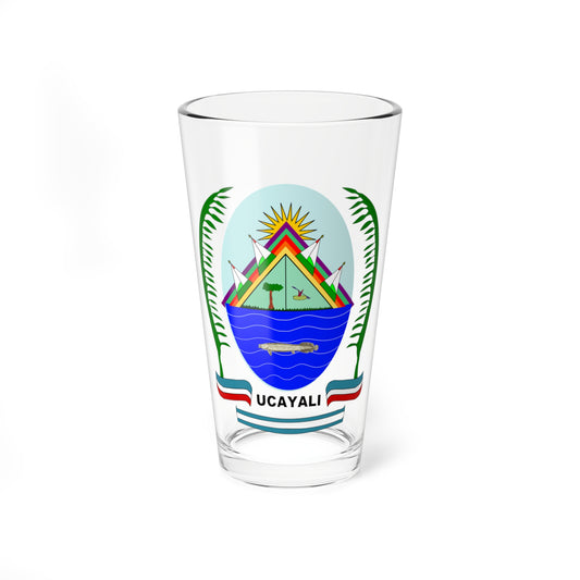 Regional emblem with a gold sun over a rainbow-striped triangle, a fish in blue water, a tree and a canoe.