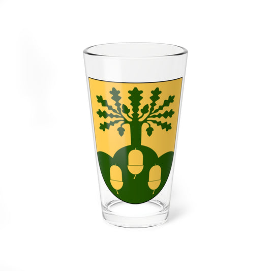 Gold heraldic shield with a dark green oak tree rising from a green hill, holding three gold acorns.