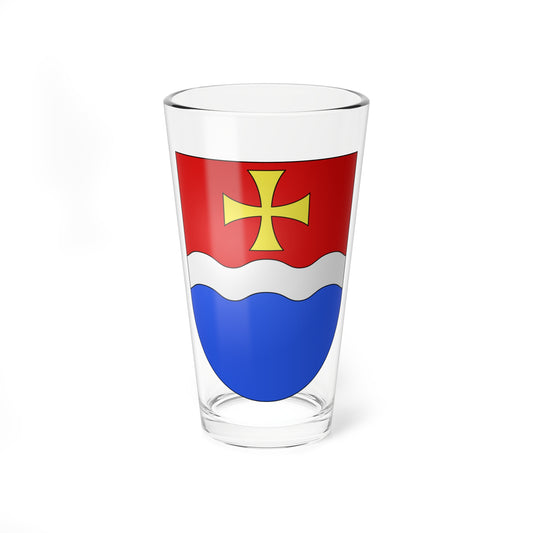 Heraldic shield with a yellow cross on red, a wavy silver band across the middle and a blue base.
