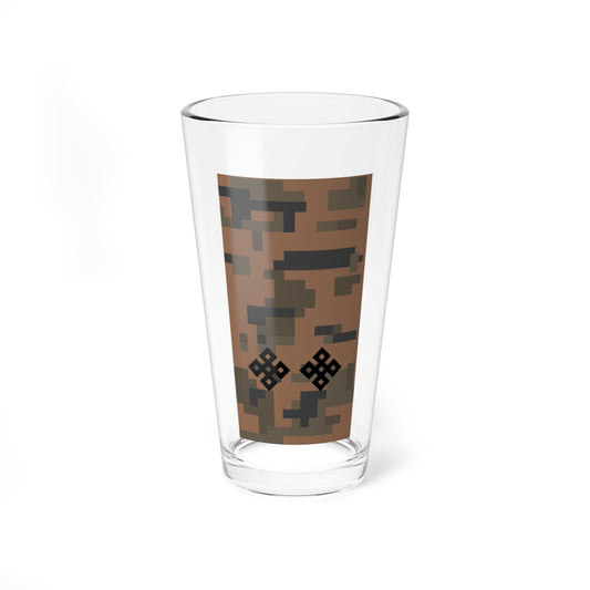 Blocky pixel-style brown and olive camouflage pattern with two black interlocking square knot ornaments.
