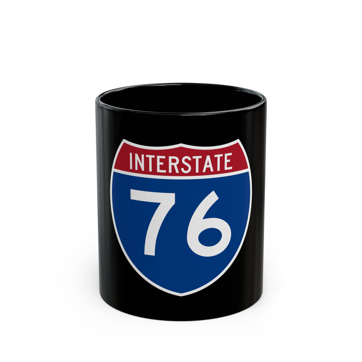 Flat vector US Interstate 76 highway shield with white INTERSTATE lettering above the number 76 on a navy blue field.