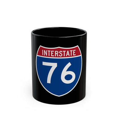 Flat vector US Interstate 76 highway shield with white INTERSTATE lettering above the number 76 on a navy blue field.