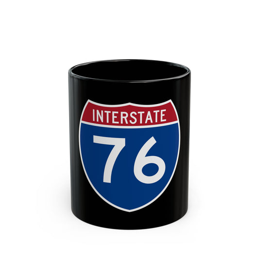 Flat vector US Interstate 76 highway shield with white INTERSTATE lettering above the number 76 on a navy blue field.