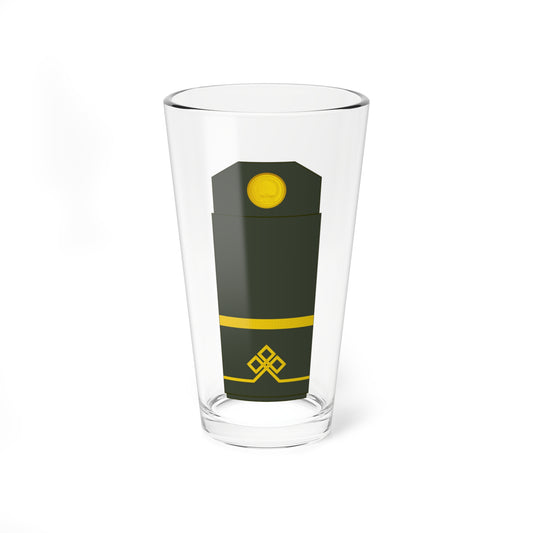 Olive-green shoulder board with a gold circular seal at the top, one gold striped band and a diamond-knot braid below.