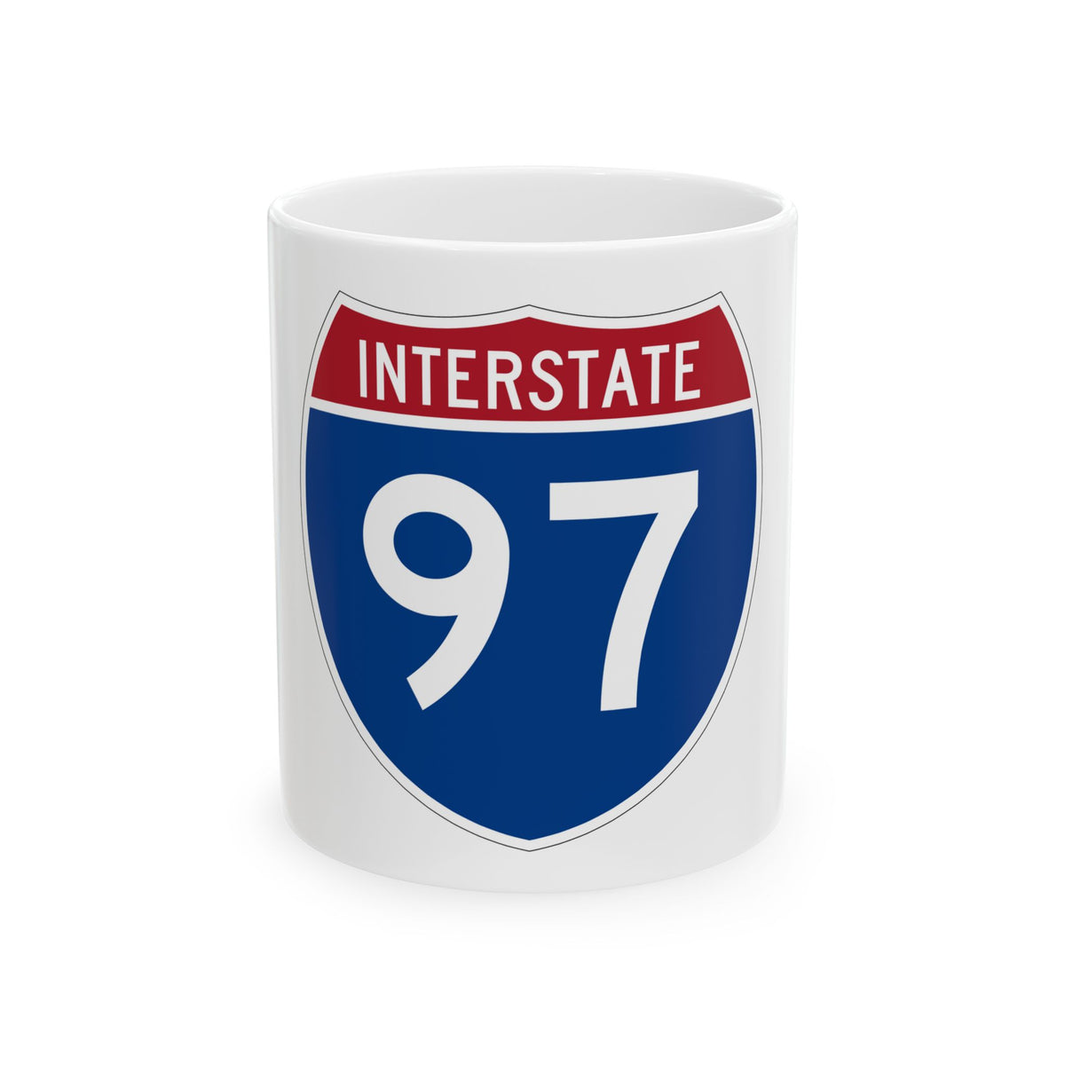 Flat vector US Interstate highway shield in blue and red, with white INTERSTATE lettering above the number 97.