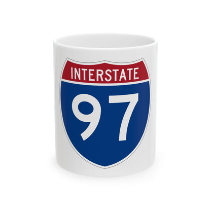 Flat vector US Interstate highway shield in blue and red, with white INTERSTATE lettering above the number 97.