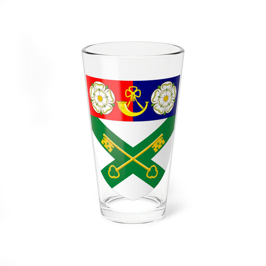 Heraldic shield with two white roses on red and navy, a gold hunting horn, and gold crossed keys on green.