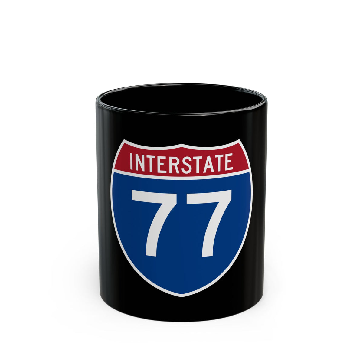 Flat vector US Interstate 77 route shield: white INTERSTATE above the number 77, set on navy blue.