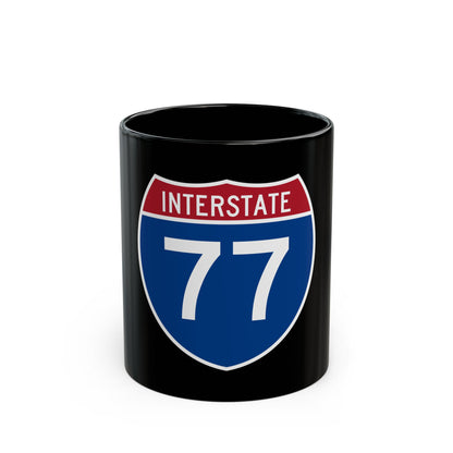 Flat vector US Interstate 77 route shield: white INTERSTATE above the number 77, set on navy blue.