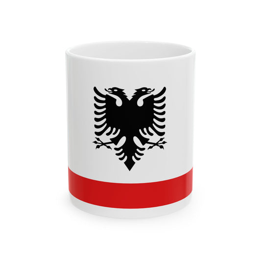 Black double-headed eagle with crossed sceptres centred on a white field above a red bottom band.