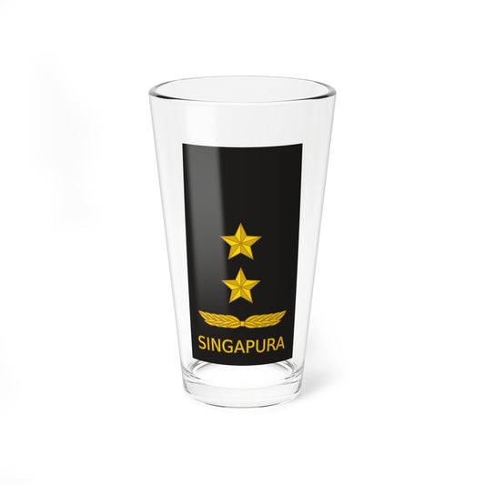 Black tapered shoulder board with two stars and a laurel wreath above gold serif lettering reading SINGAPURA.