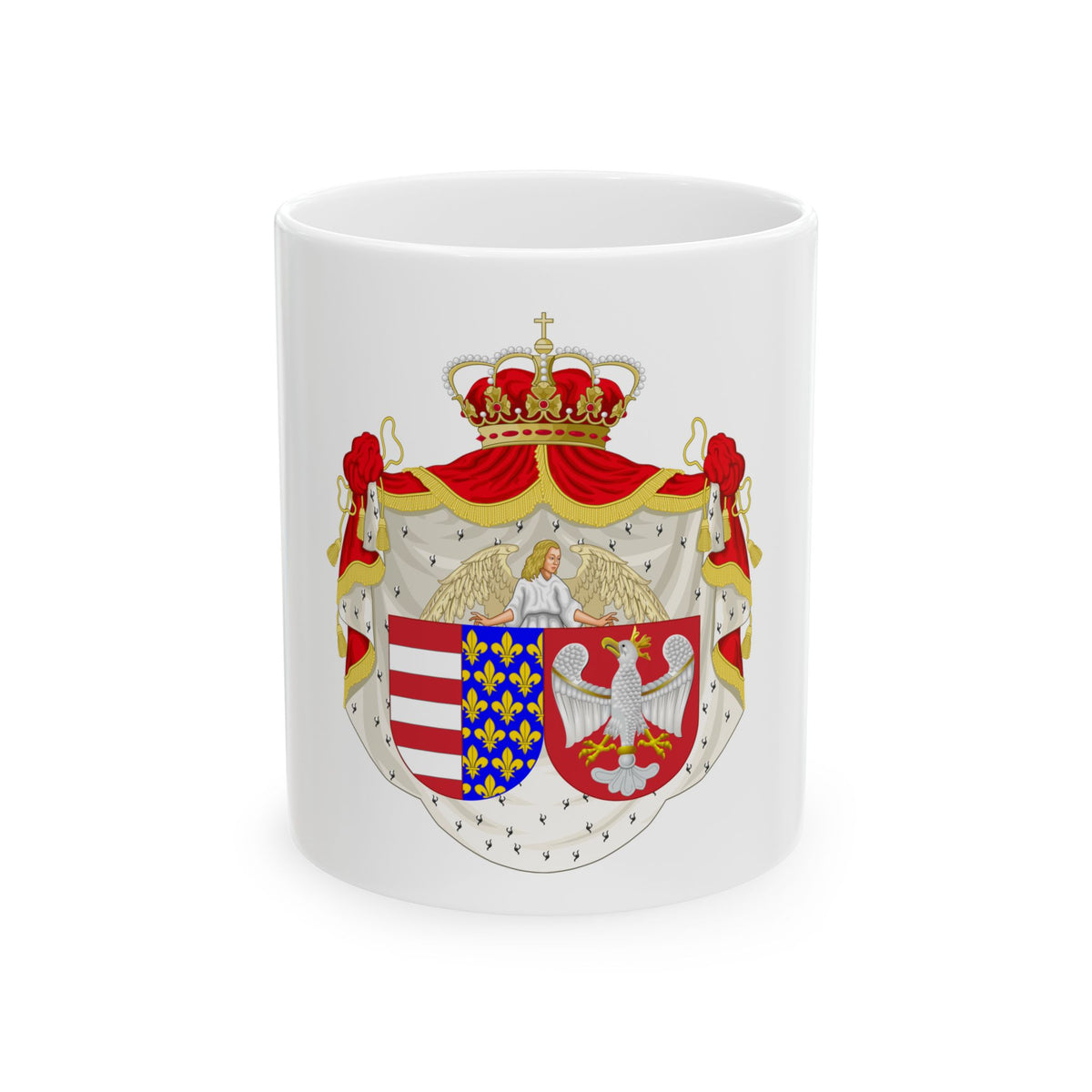 Ornate royal coat of arms with a jewelled crown, an angel above a shield of red and white bars and fleurs-de-lis.