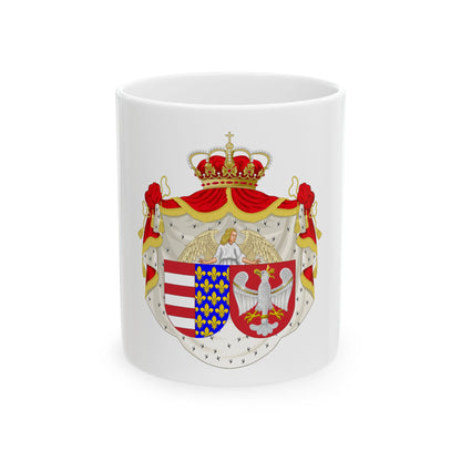 Ornate royal coat of arms with a jewelled crown, an angel above a shield of red and white bars and fleurs-de-lis.