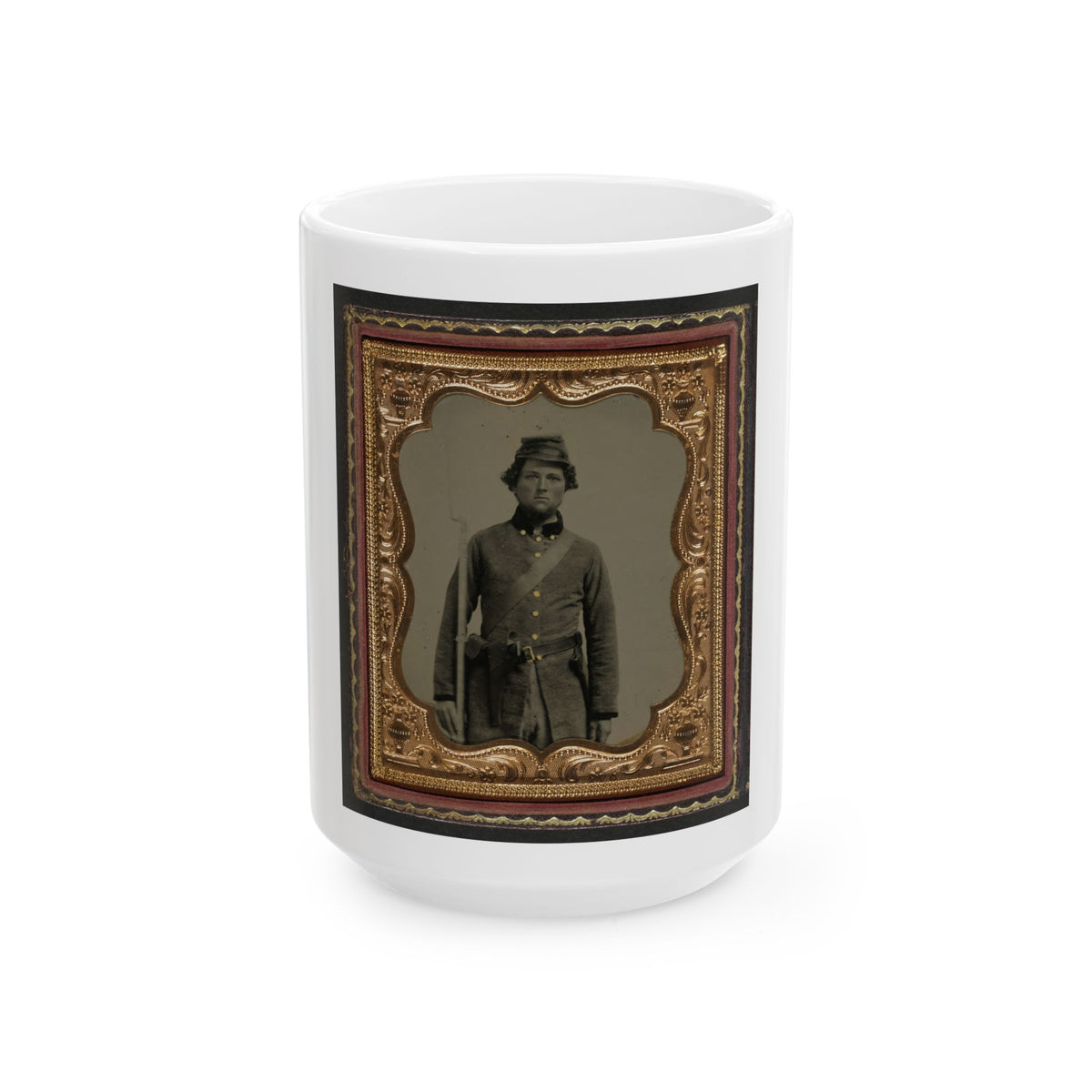 Unidentified Soldier In Confederate Frock Coat And Forage Cap With Cap Box, Bayoneted Musket, And Holstered Revolver (U.S. Civil War) White Coffee Mug
