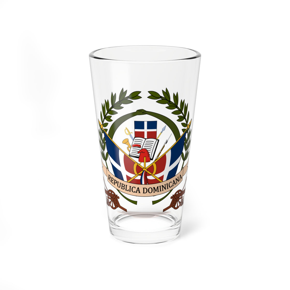 National coat of arms with a laurel wreath, crossed flags and cannons, and a ribbon banner reading REPUBLICA DOMINICANA.