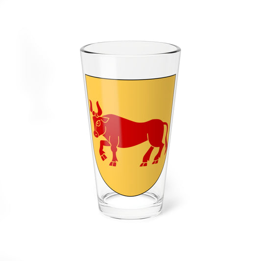 Red bull with curved horns walking right across a gold heraldic shield outlined in black.