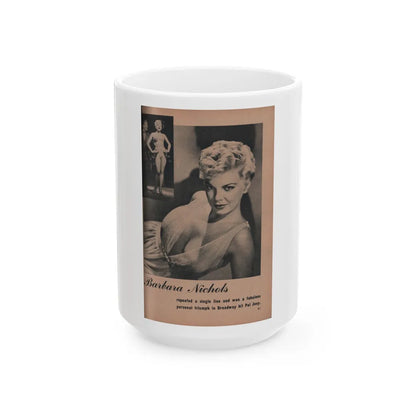 Barbara Nichols #419 - Page 1 of 1 with, 2 B&W Photos from BRIEF Digest Mag. Feb. '54 (Vintage Female Icon) White Coffee Mug-15oz-Go Mug Yourself