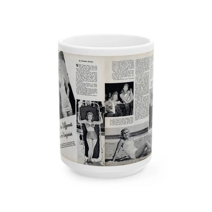 Virginia Mayo #290 - 2 Pages of Virginia+3 B&W Pin-Up Pics & 2 Candid Shots circa late 40's from a Movie Star Magazine (Vintage Female Icon) White Coffee Mug-15oz-Go Mug Yourself