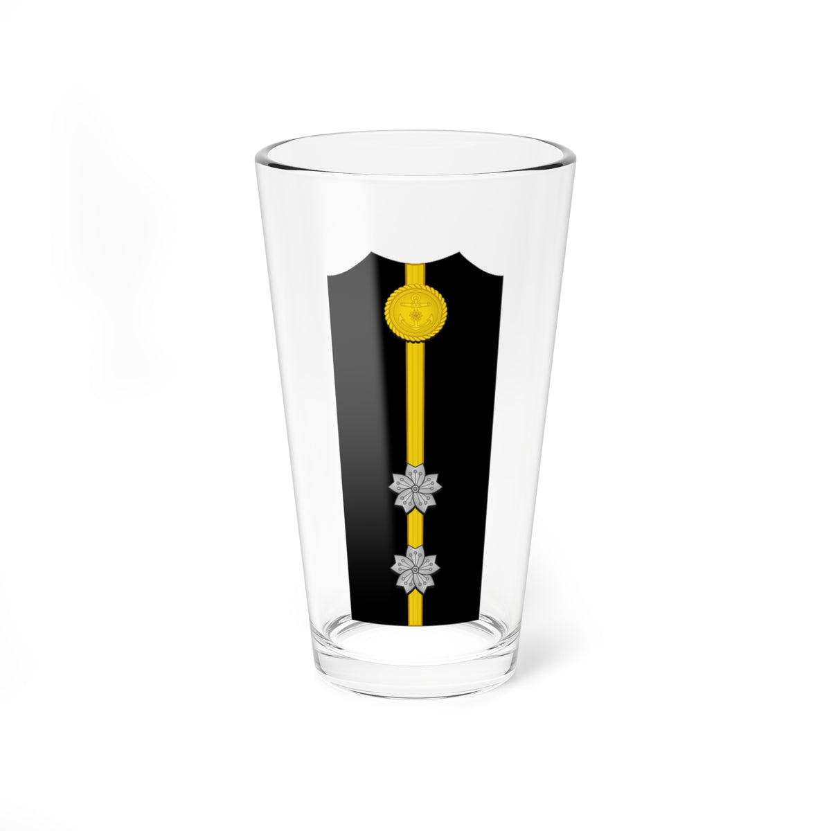 Black vertical insignia with a gold rope-edged anchor badge on top, a gold stripe and two silver blossom emblems.