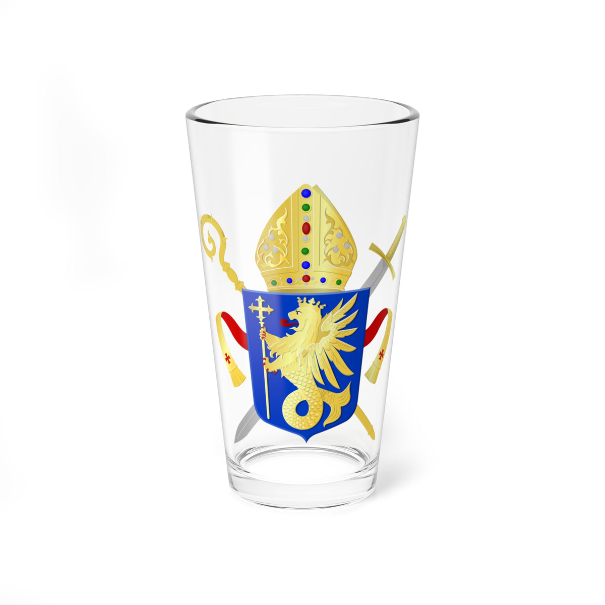 Episcopal arms with a golden mitre and crozier above a blue shield, a winged lion and crossed swords.