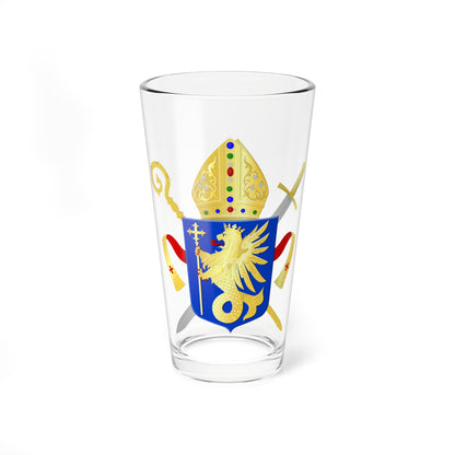 Episcopal arms with a golden mitre and crozier above a blue shield, a winged lion and crossed swords.