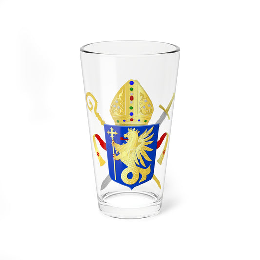 Episcopal arms with a golden mitre and crozier above a blue shield, a winged lion and crossed swords.