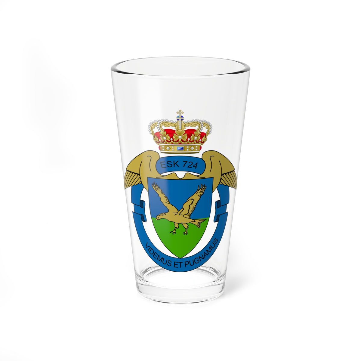 Flat vector heraldic crest with a gold falcon in flight over green ground on a blue shield, a crown and gold wings.