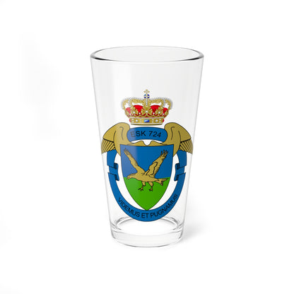 Flat vector heraldic crest with a gold falcon in flight over green ground on a blue shield, a crown and gold wings.