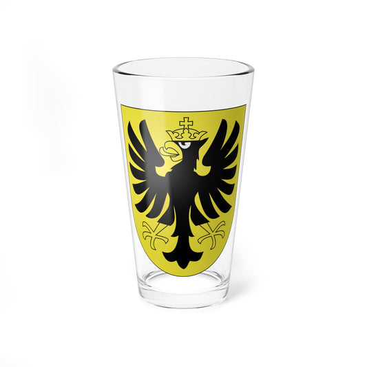 Black eagle with spread wings and a gold crown on a yellow heraldic shield in a medieval style.