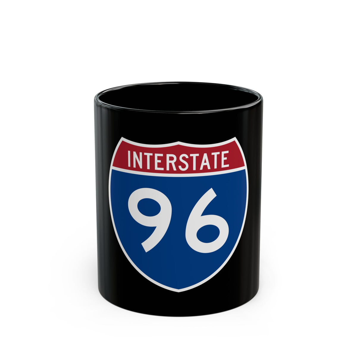 Flat vector US Interstate highway shield in blue and red, with white INTERSTATE lettering above the number 96.