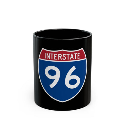 Flat vector US Interstate highway shield in blue and red, with white INTERSTATE lettering above the number 96.