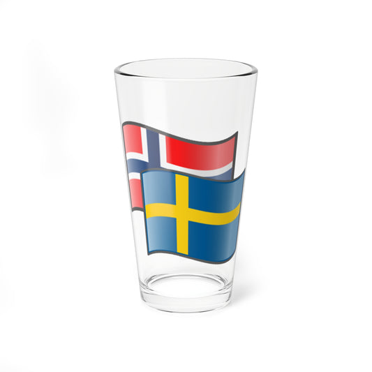 Two waving flags of Norway and Sweden overlap in a clean flat vector style on a transparent background.