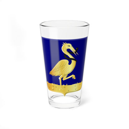 Gold pelican with a black serpent wound around its neck, standing on a gold grassy base on a navy blue shield.