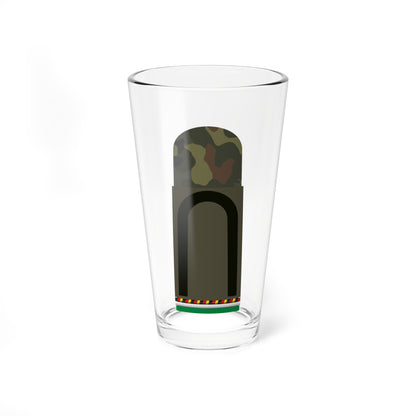 Olive military shoulder board with a large black arch insignia below a green and khaki camouflage flap.