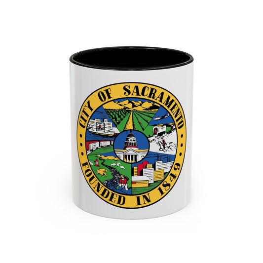 Circular City of Sacramento seal with a golden ring and scenes of a steamboat, fields, a capitol dome and wagon.
