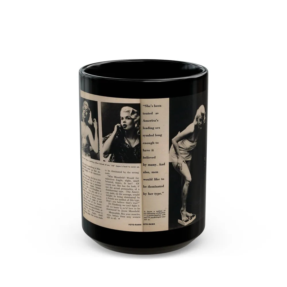 Jayne Mansfield #178 - 2 Pages, 3 B&W Photos, Captions & Article from Foto-rama Digest Mag. May '58 (Vintage Female Icon) Black Coffee Mug-15oz-Go Mug Yourself