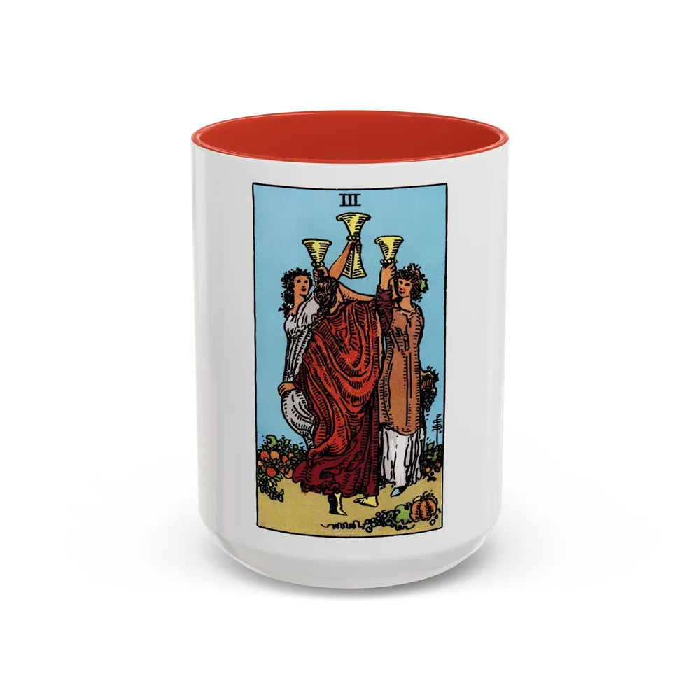 The 3 of Cups (Tarot Card) Accent Coffee Mug-15oz-Red-Go Mug Yourself