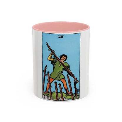 The 7 of Wands (Tarot Card) Accent Coffee Mug-11oz-Pink-Go Mug Yourself