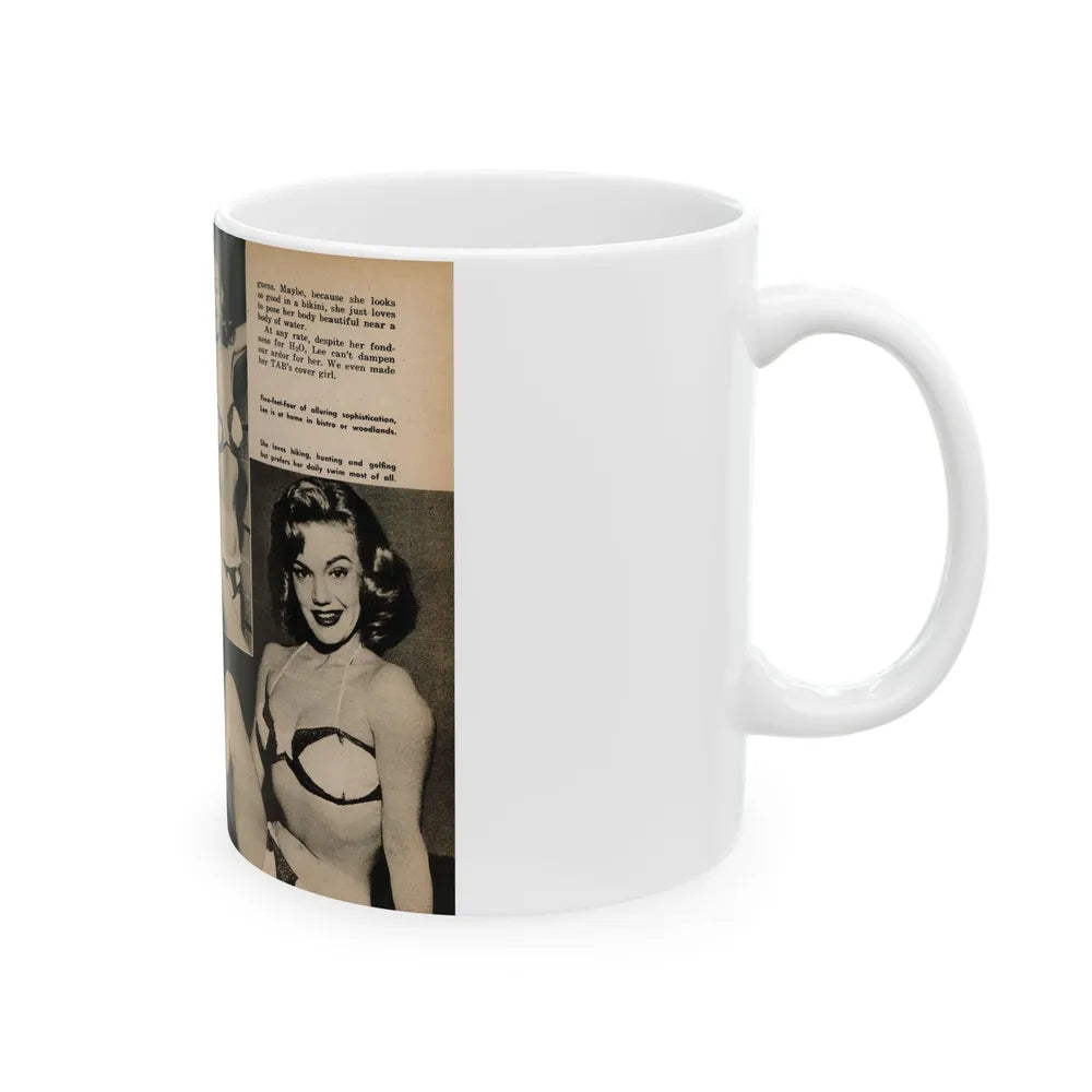 Lee Wilson #12 - Pages 3 & 4 of 5 Featuring, Lee+4 B&W Photos & Captions from TAB Digest Mag. October '54 (Vintage Female Icon) White Coffee Mug-Go Mug Yourself