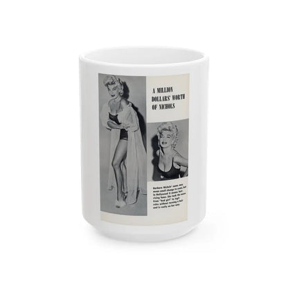 Barbara Nichols #489 - Page 1 of 2 with, 2 B&W Photos & Caption from picture DIGEST Mag. April '57 (Vintage Female Icon) White Coffee Mug-15oz-Go Mug Yourself