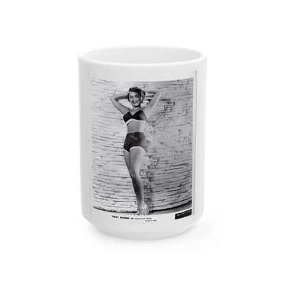 Terry Moore #709 - 8x10 1953 2-Piece B&W Full Body Swimsuit Cheesecake Photo from 20th Century Fox Photo Shoot1 (Vintage Female Icon) White Coffee Mug-15oz-Go Mug Yourself