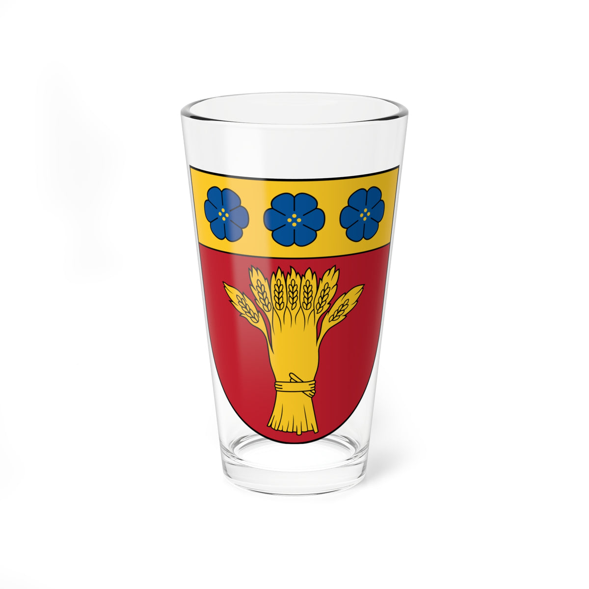 Gold wheat sheaf bound by a band on a red heraldic shield, beneath a gold chief with three blue flowers.