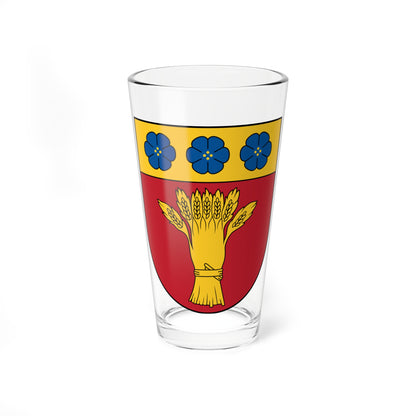 Gold wheat sheaf bound by a band on a red heraldic shield, beneath a gold chief with three blue flowers.