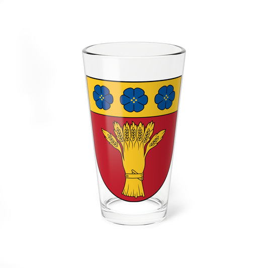 Gold wheat sheaf bound by a band on a red heraldic shield, beneath a gold chief with three blue flowers.